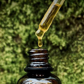 Bottle of Nadair Botanics face oil with a dropper over a green moss background